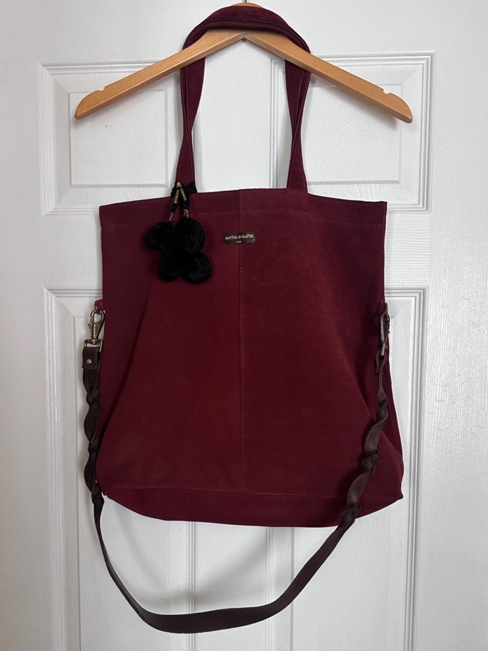 NWOT Antik Batik Large Burgundy Suede Tote with Braided Strap and Pom Charm